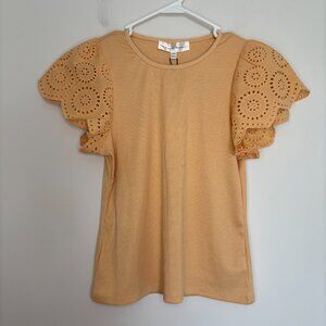 CHELSEA & THEODORE NEW Short Sleeve Top Womens M Ribbed Eyelet Peach Crew Neck